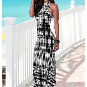 Black and white maxi dress with open back